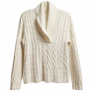 DKNY Babydoll Y2K Chunky Fisherman Cable Knit Shawl Collar Sweater Sz XL Ivory